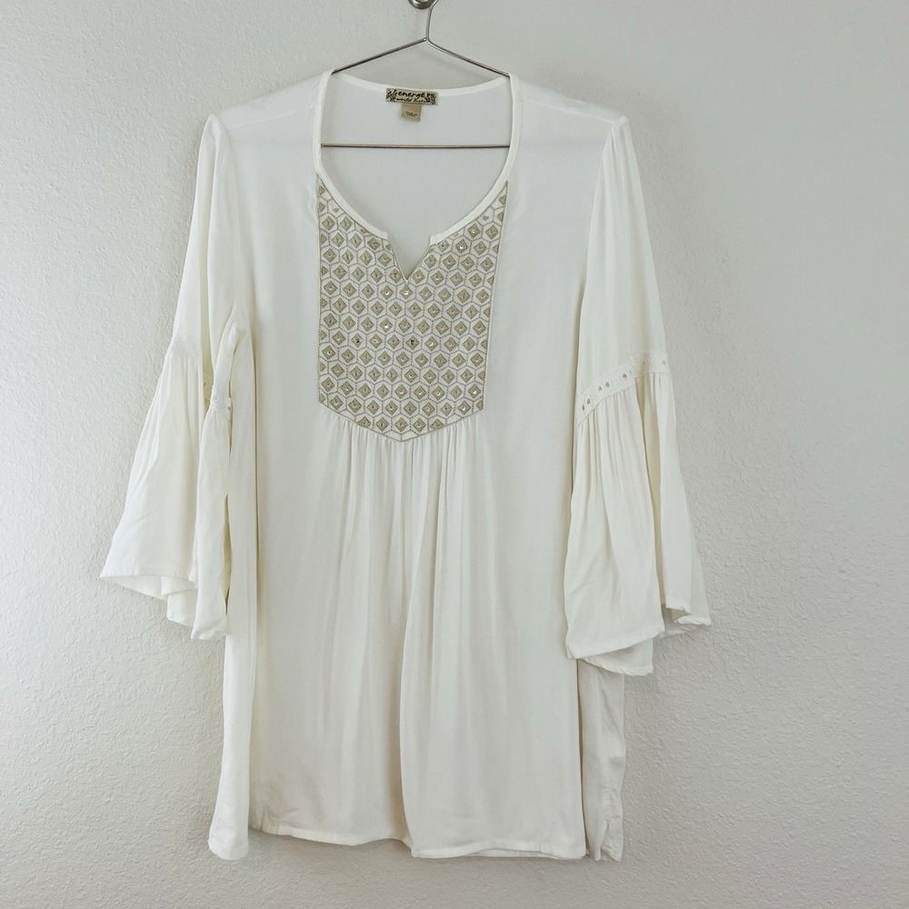Energe World Wear Size Small White Embroidered Peasant Top Blouse Flare Sleeve